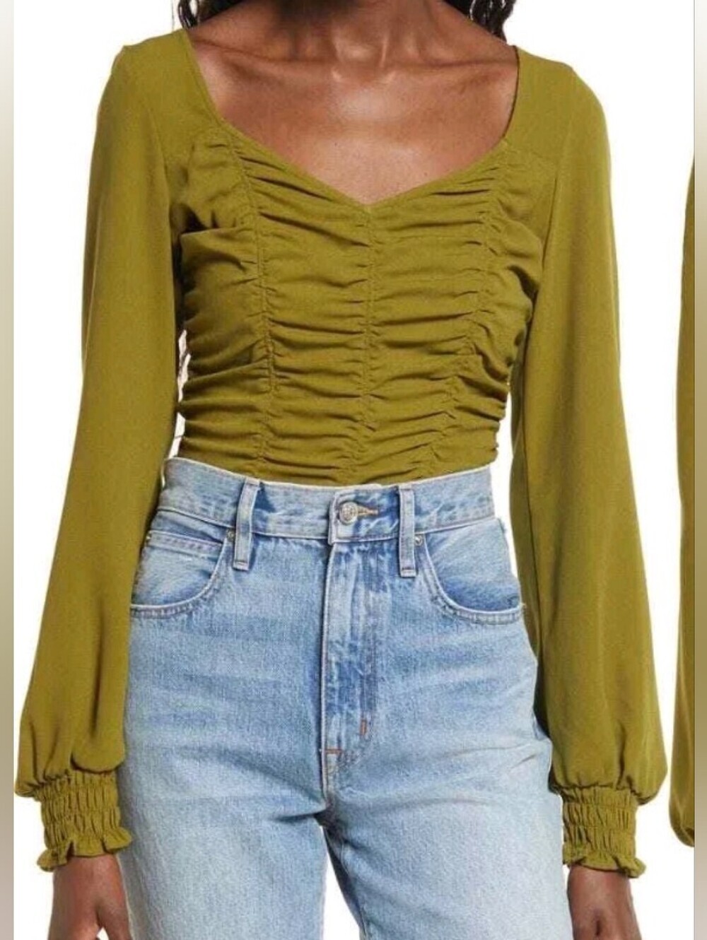 Open Edit Ruched Crop Blouse Top Olive Green Long Sleeve Size Large EUC